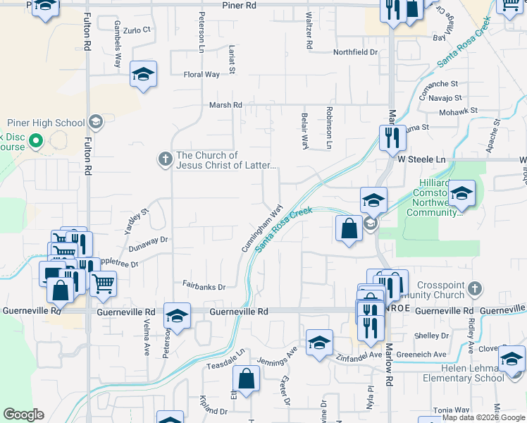 map of restaurants, bars, coffee shops, grocery stores, and more near 1619 Cunningham Way in Santa Rosa