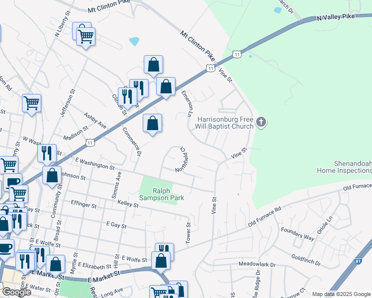 map of restaurants, bars, coffee shops, grocery stores, and more near 412 Glenfield Court in Harrisonburg
