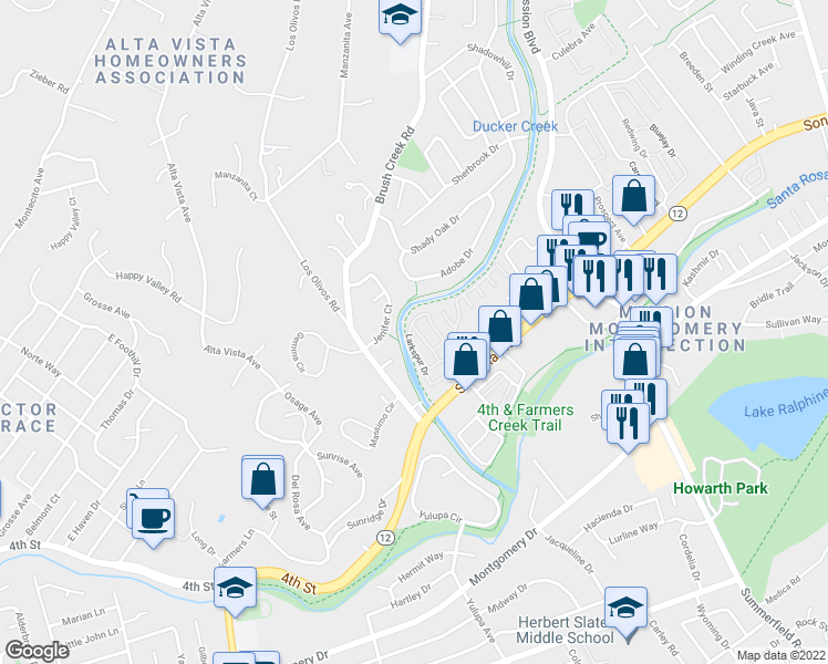 map of restaurants, bars, coffee shops, grocery stores, and more near 123 Kentwood Lane in Santa Rosa