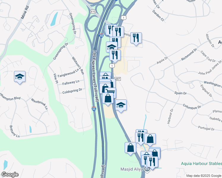 map of restaurants, bars, coffee shops, grocery stores, and more near 113 Jefferson Davis Highway in Stafford