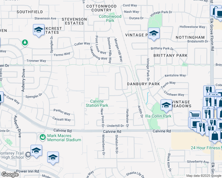 map of restaurants, bars, coffee shops, grocery stores, and more near 8276 Exbourne Circle in Sacramento