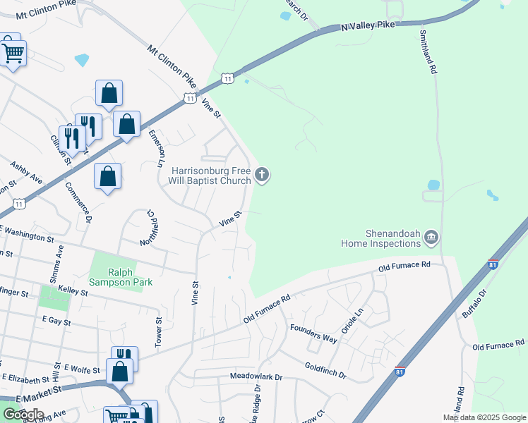 map of restaurants, bars, coffee shops, grocery stores, and more near 475 Leslie Court in Harrisonburg