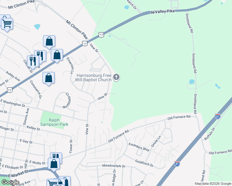 map of restaurants, bars, coffee shops, grocery stores, and more near 401-449 Vine Street in Harrisonburg