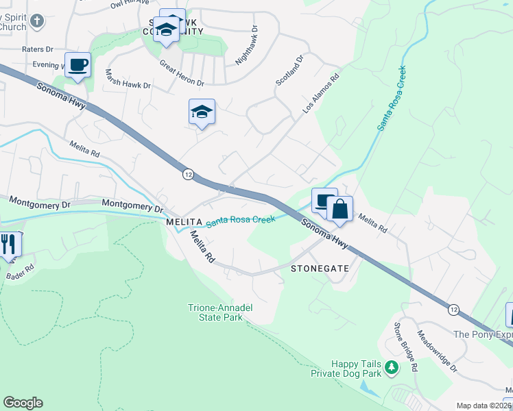 map of restaurants, bars, coffee shops, grocery stores, and more near 360 Los Alamos Road in Santa Rosa