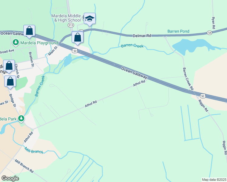 map of restaurants, bars, coffee shops, grocery stores, and more near 9549 Athol Road in Mardela Springs
