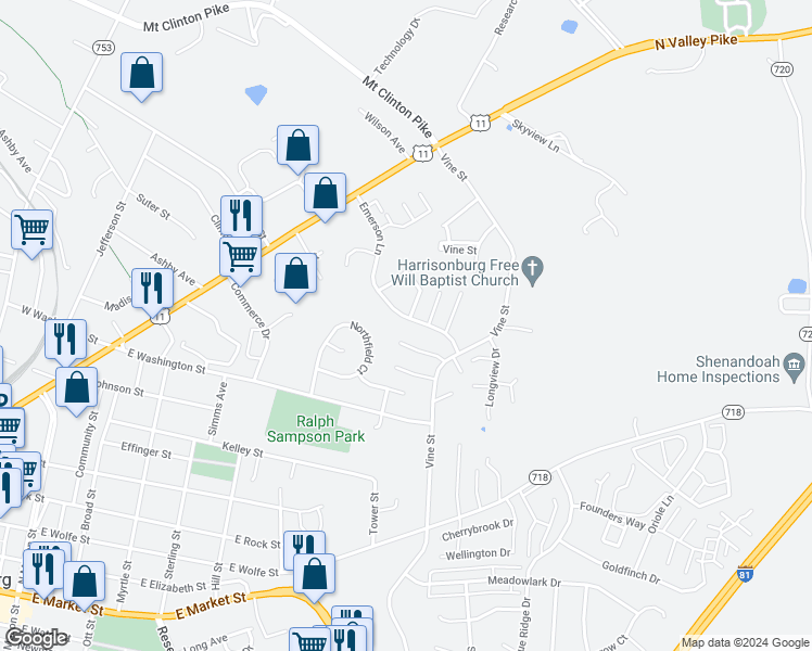 map of restaurants, bars, coffee shops, grocery stores, and more near 327 Emerson Lane in Harrisonburg