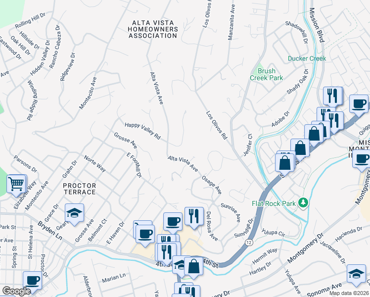map of restaurants, bars, coffee shops, grocery stores, and more near 1838 Happy Valley Road in Santa Rosa