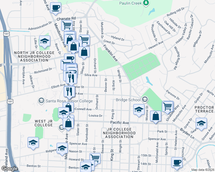 map of restaurants, bars, coffee shops, grocery stores, and more near 1725 Beaver Street in Santa Rosa