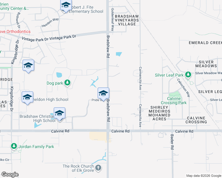map of restaurants, bars, coffee shops, grocery stores, and more near 8275 Bradshaw Road in Sacramento
