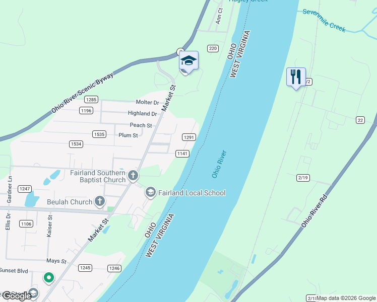 map of restaurants, bars, coffee shops, grocery stores, and more near 147 Township Road 1141 in Proctorville