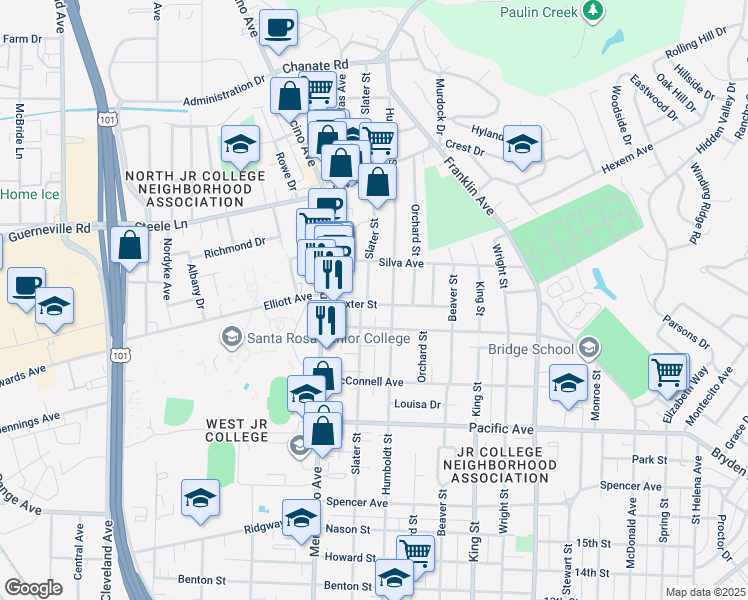 map of restaurants, bars, coffee shops, grocery stores, and more near 625 Dexter Street in Santa Rosa