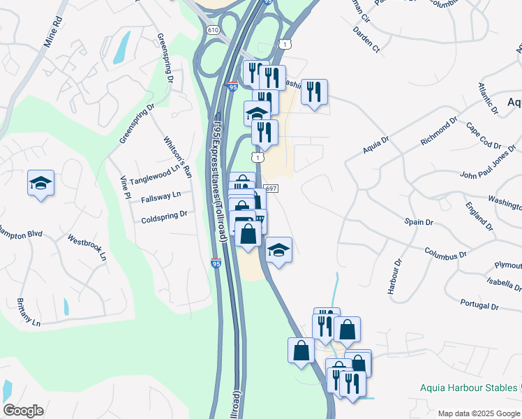 map of restaurants, bars, coffee shops, grocery stores, and more near 2780 Jefferson Davis Highway in Stafford