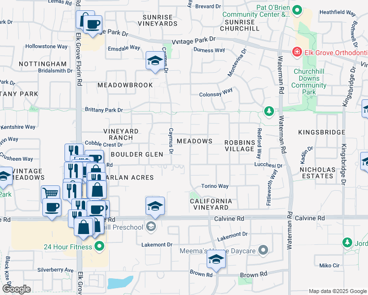map of restaurants, bars, coffee shops, grocery stores, and more near 9111 Kristina Court in Sacramento