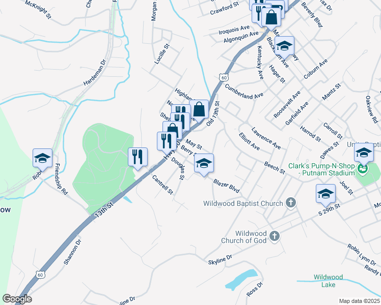 map of restaurants, bars, coffee shops, grocery stores, and more near 1400 Berry Street in Ashland
