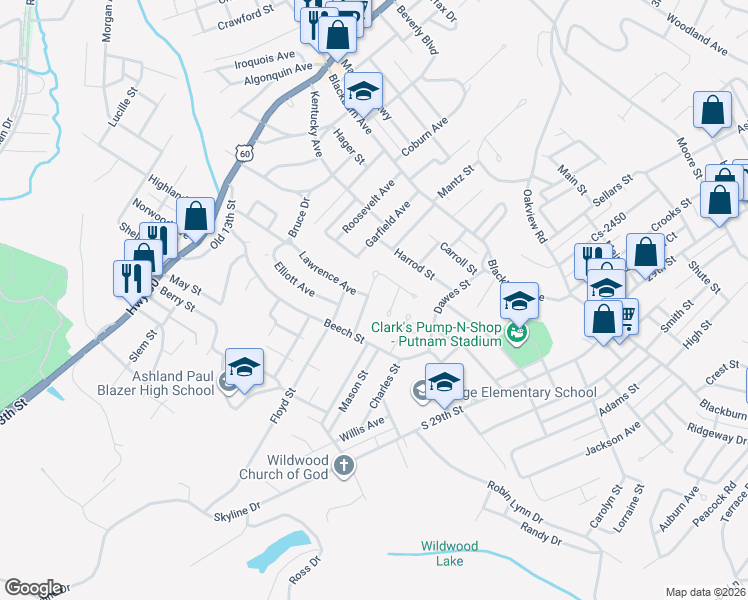 map of restaurants, bars, coffee shops, grocery stores, and more near 2920 Ranch Road in Ashland