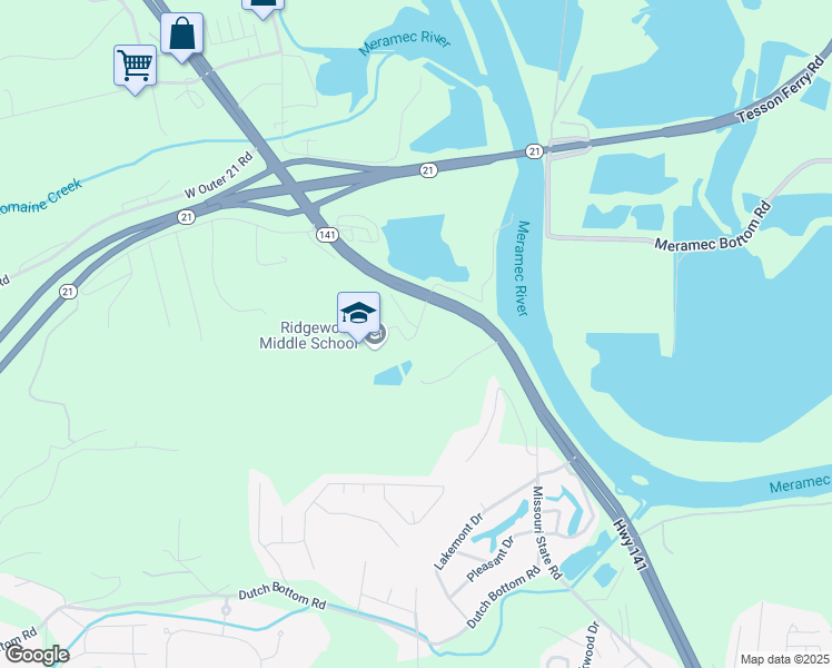 map of restaurants, bars, coffee shops, grocery stores, and more near 1401 Ridgewood School Road in Arnold