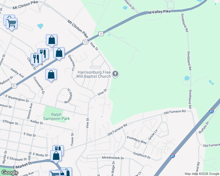map of restaurants, bars, coffee shops, grocery stores, and more near 429 Leslie Court in Harrisonburg