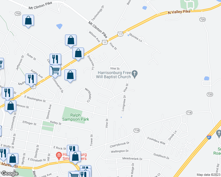 map of restaurants, bars, coffee shops, grocery stores, and more near 1209 Frost Place in Harrisonburg