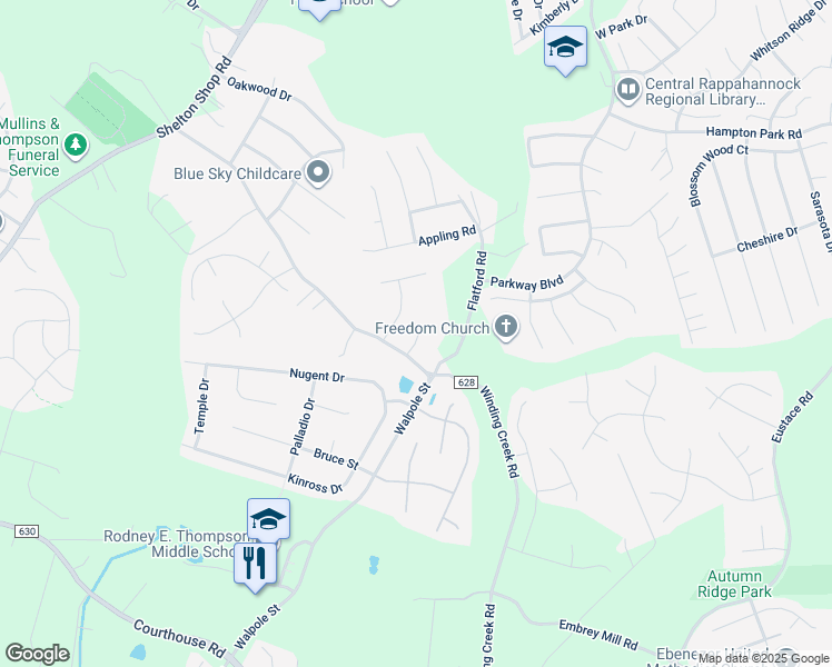 map of restaurants, bars, coffee shops, grocery stores, and more near 191 Winding Creek Road in Stafford