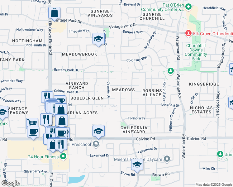 map of restaurants, bars, coffee shops, grocery stores, and more near 9111 Kristina Court in Sacramento