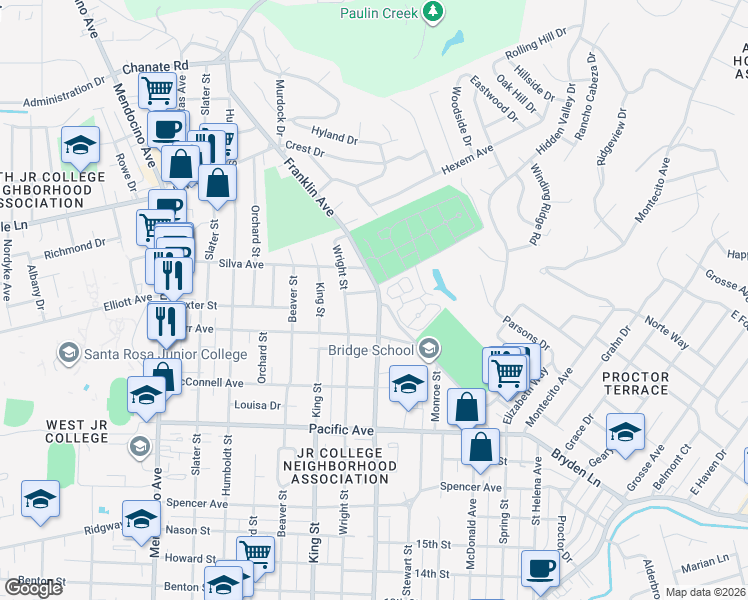 map of restaurants, bars, coffee shops, grocery stores, and more near 1733 Franklin Avenue in Santa Rosa