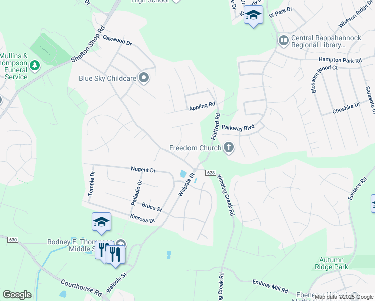 map of restaurants, bars, coffee shops, grocery stores, and more near 191 Winding Creek Road in Stafford