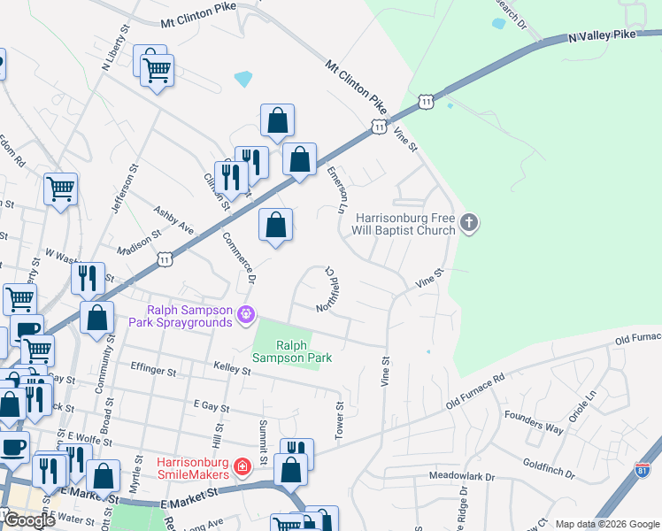 map of restaurants, bars, coffee shops, grocery stores, and more near 410 Glenfield Court in Harrisonburg