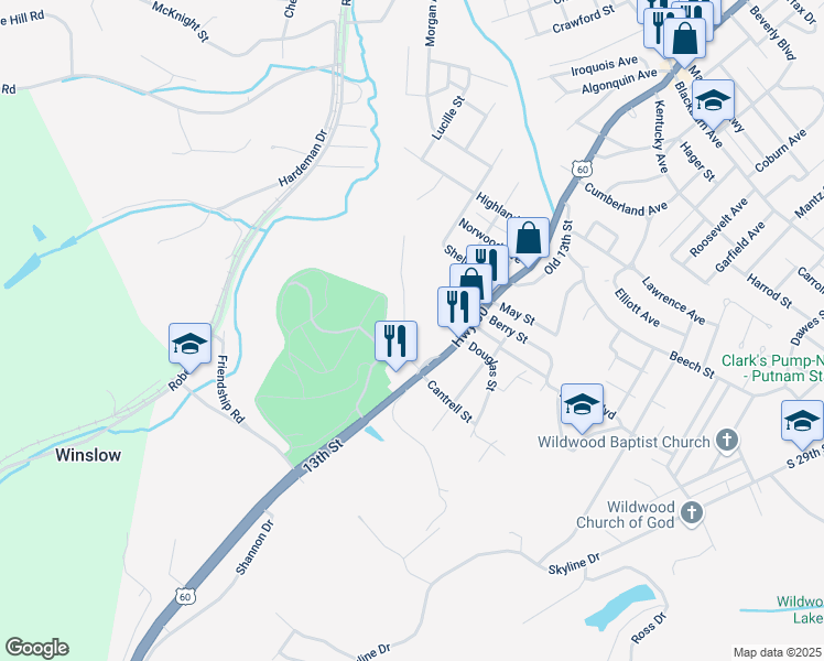 map of restaurants, bars, coffee shops, grocery stores, and more near 1203a Stella Drive in Ashland