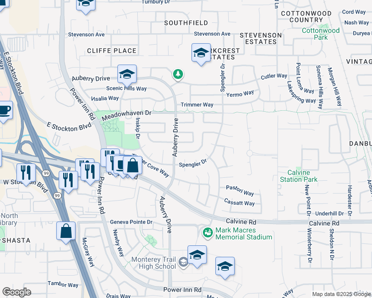 map of restaurants, bars, coffee shops, grocery stores, and more near 8317 Honeycomb Way in Sacramento