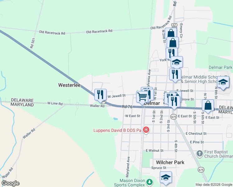map of restaurants, bars, coffee shops, grocery stores, and more near 205 Road 81 in Delmar