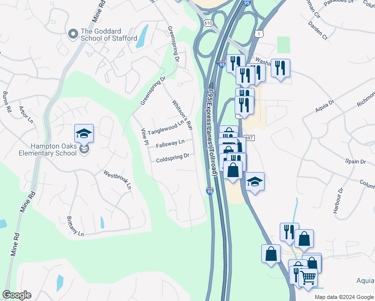 map of restaurants, bars, coffee shops, grocery stores, and more near 203 Coldspring Drive in Stafford Courthouse