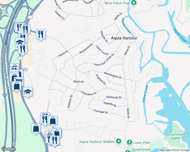 map of restaurants, bars, coffee shops, grocery stores, and more near 1005 England Drive in Stafford