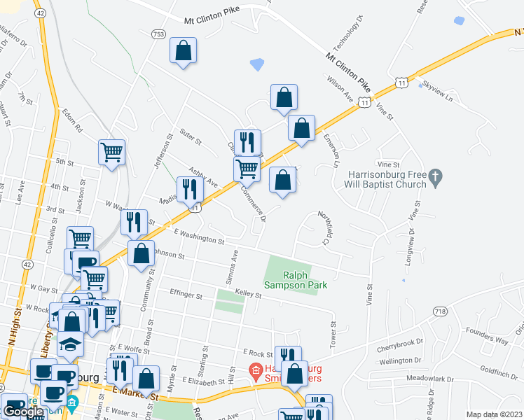map of restaurants, bars, coffee shops, grocery stores, and more near 122 Commerce Drive in Harrisonburg
