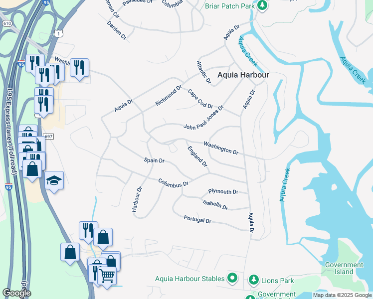 map of restaurants, bars, coffee shops, grocery stores, and more near 1005 England Drive in Stafford