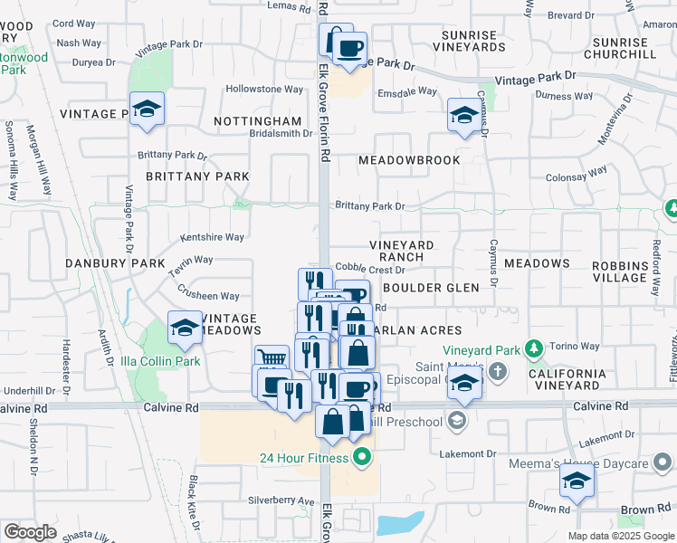 map of restaurants, bars, coffee shops, grocery stores, and more near 8902 Cobble Crest Drive in Sacramento
