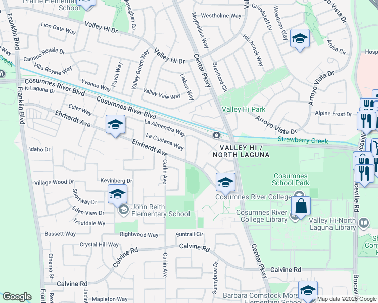 map of restaurants, bars, coffee shops, grocery stores, and more near 6120 Ehrhardt Avenue in Sacramento