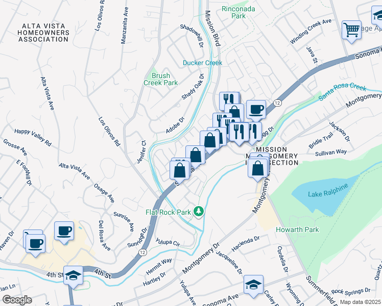 map of restaurants, bars, coffee shops, grocery stores, and more near 4201 Sonoma Highway in Santa Rosa