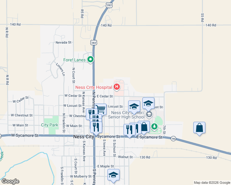 map of restaurants, bars, coffee shops, grocery stores, and more near 407 North School Street in Ness City