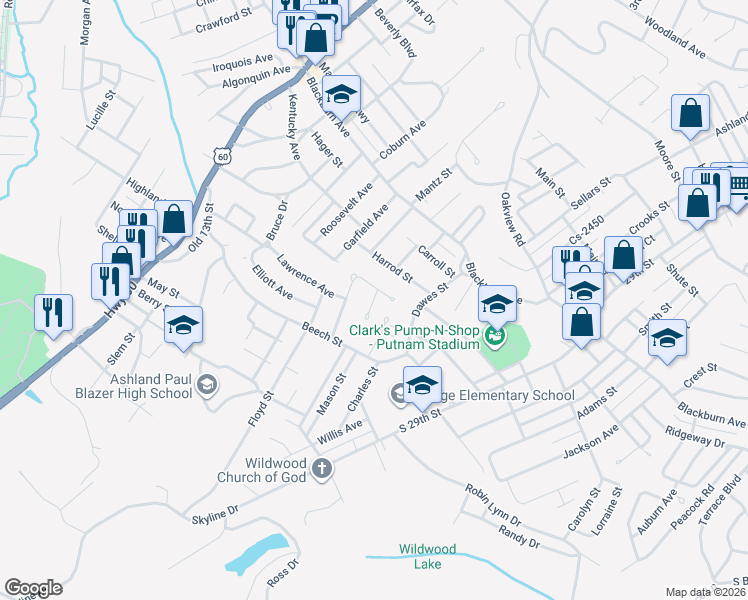map of restaurants, bars, coffee shops, grocery stores, and more near Ranch Ct in Ashland