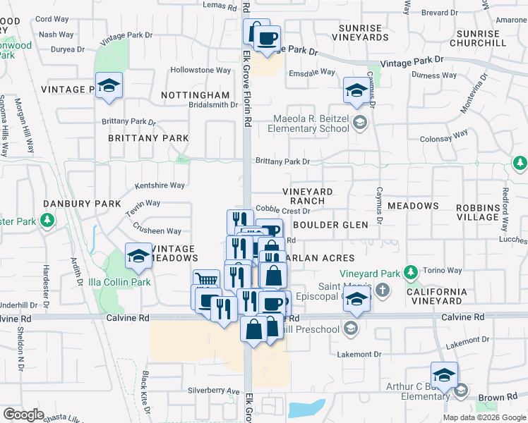 map of restaurants, bars, coffee shops, grocery stores, and more near 8927 Great Rock Circle in Sacramento