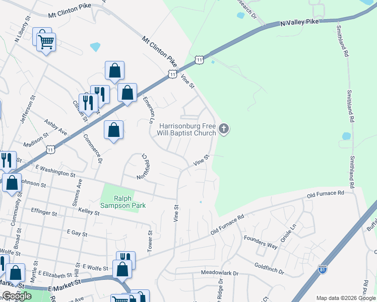 map of restaurants, bars, coffee shops, grocery stores, and more near 470 Vine Street in Harrisonburg
