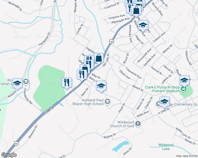 map of restaurants, bars, coffee shops, grocery stores, and more near 1400-1476 Berry Street in Ashland