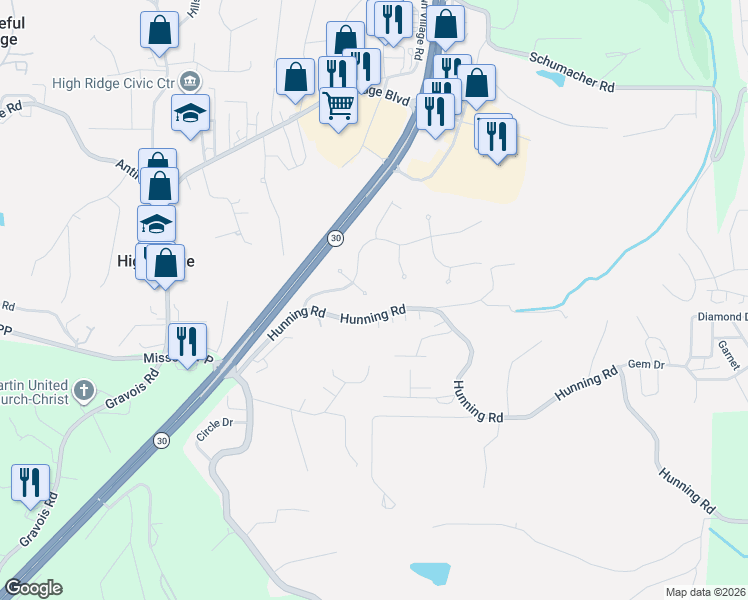 map of restaurants, bars, coffee shops, grocery stores, and more near 3111 Dessna Court in High Ridge