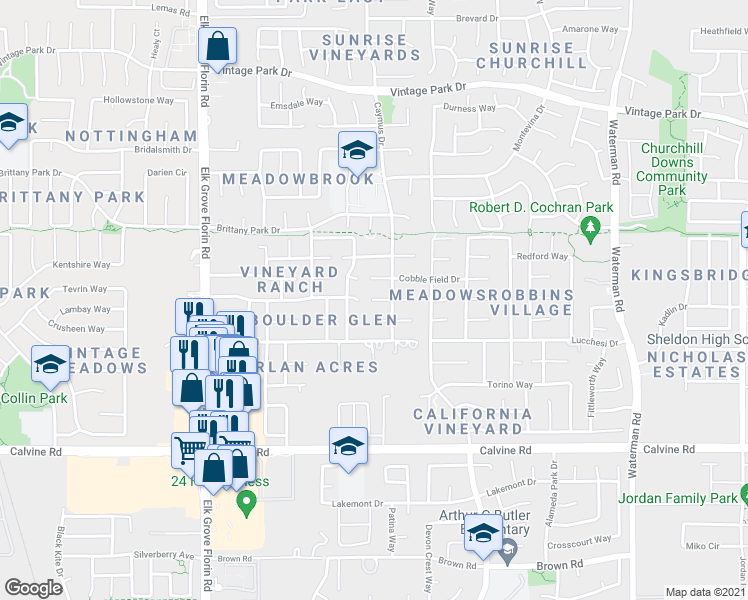 map of restaurants, bars, coffee shops, grocery stores, and more near 9056 Cobble Bay Court in Sacramento