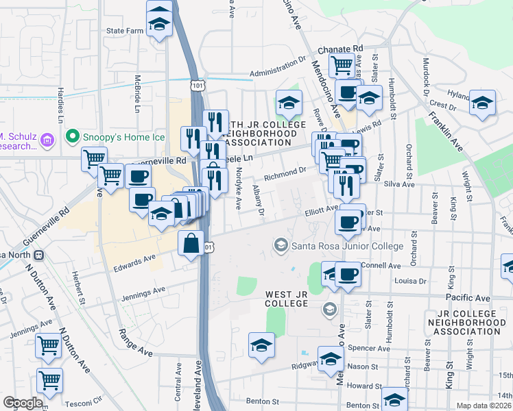 map of restaurants, bars, coffee shops, grocery stores, and more near 1809 Albany Drive in Santa Rosa