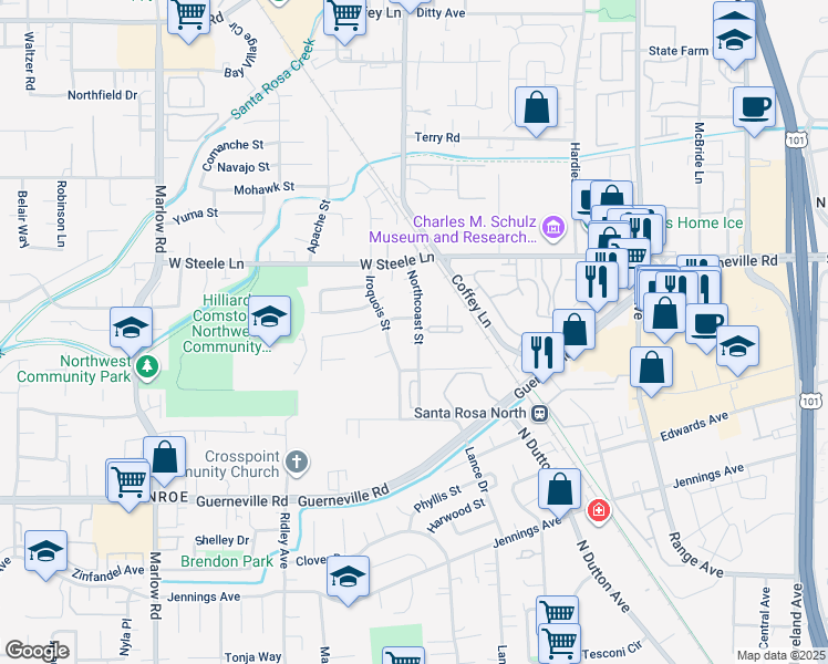 map of restaurants, bars, coffee shops, grocery stores, and more near 2561 Northcoast Street in Santa Rosa