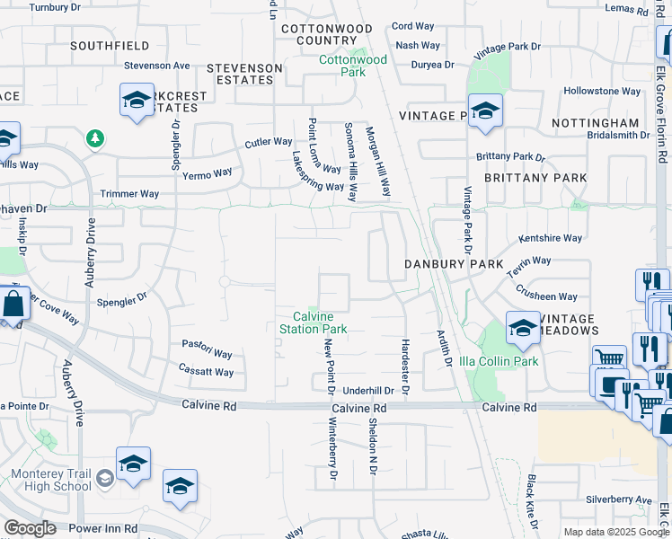 map of restaurants, bars, coffee shops, grocery stores, and more near 8555 New Domain Court in Sacramento