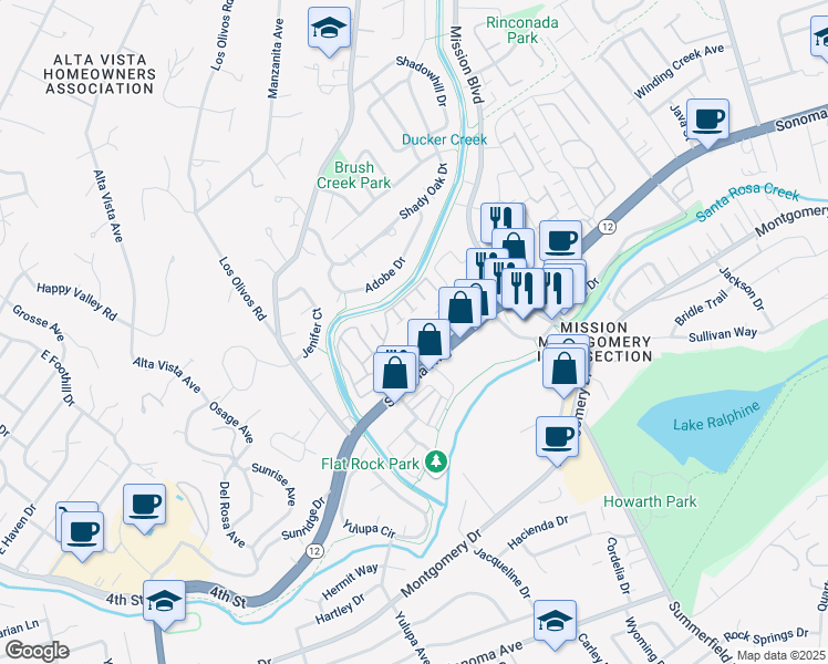 map of restaurants, bars, coffee shops, grocery stores, and more near 4225 Sonoma Highway in Santa Rosa