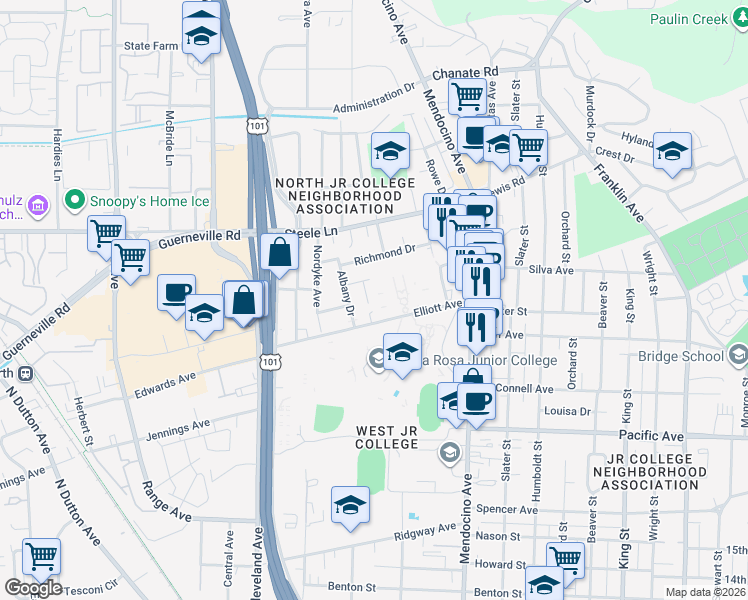 map of restaurants, bars, coffee shops, grocery stores, and more near 423 Elliott Avenue in Santa Rosa