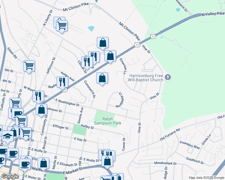 map of restaurants, bars, coffee shops, grocery stores, and more near 412 Glenfield Court in Harrisonburg